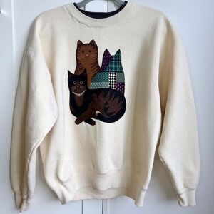 Vintage Patchwork Cat Sweatshirt Women's M Cream Crew Neck Cottage Novelty